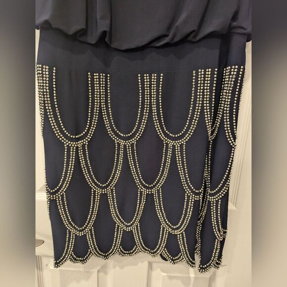 Betsy & Adam Navy Black rimestone Dropped Waist Cocktail formal party Dress sz L - Picture 5 of 8